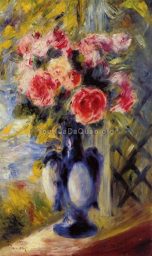 Bouquet of Roses in a Blue Vase - 皮埃尔·奥古斯特·雷诺阿